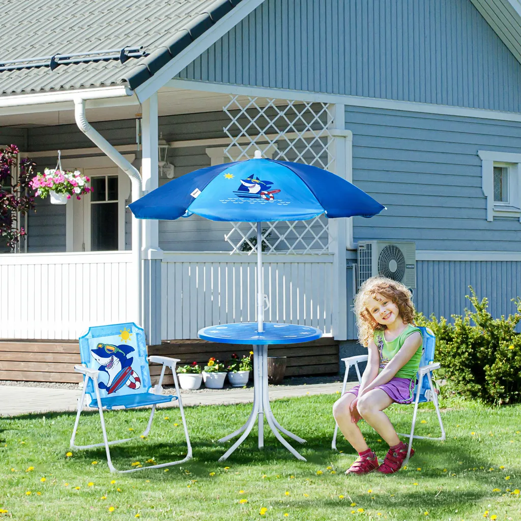 Ensemble Table Chaises Enfant avec Parasol pour Protéger du Soleil Bleu - 2
