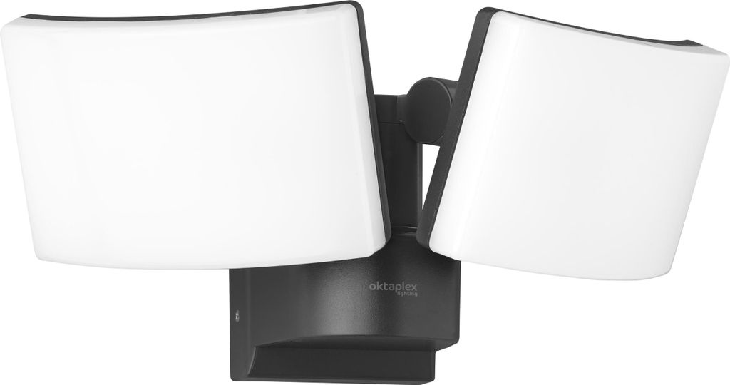 A black outdoor LED wall light with two adjustable light heads against a white background.