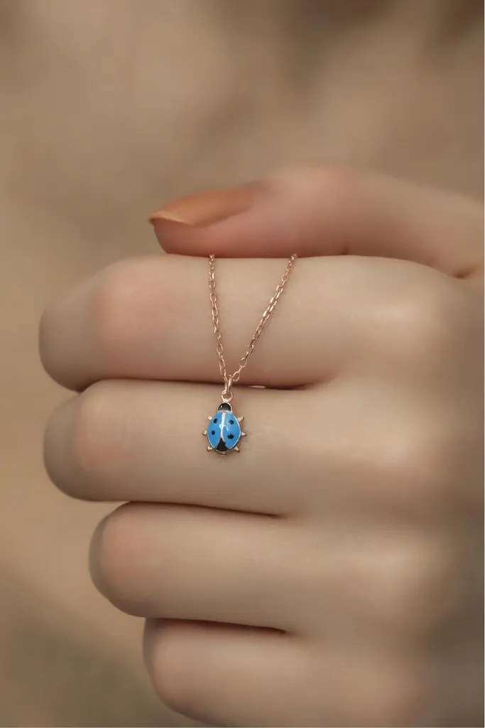Collier coccinelle argent 925 plaqué or rose et émail bleu, 45cm