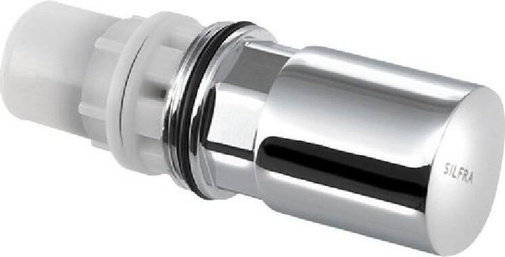 A close-up studio shot of a chrome and white self-closing valve.