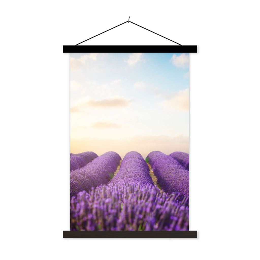MuchoWow Textilposter Lavendel - Himmel - Wolken - Blumen 60x90 cm mit schwarzem Rahmen - Poster Wohnzimmer