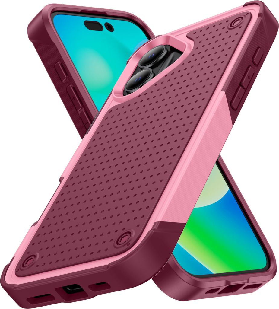Für iPhone 16 Hülle Militärqualität Stoßfest Hybrid 2 in 1 Hart PC Weich TPU Handyhülle Pink Rot
