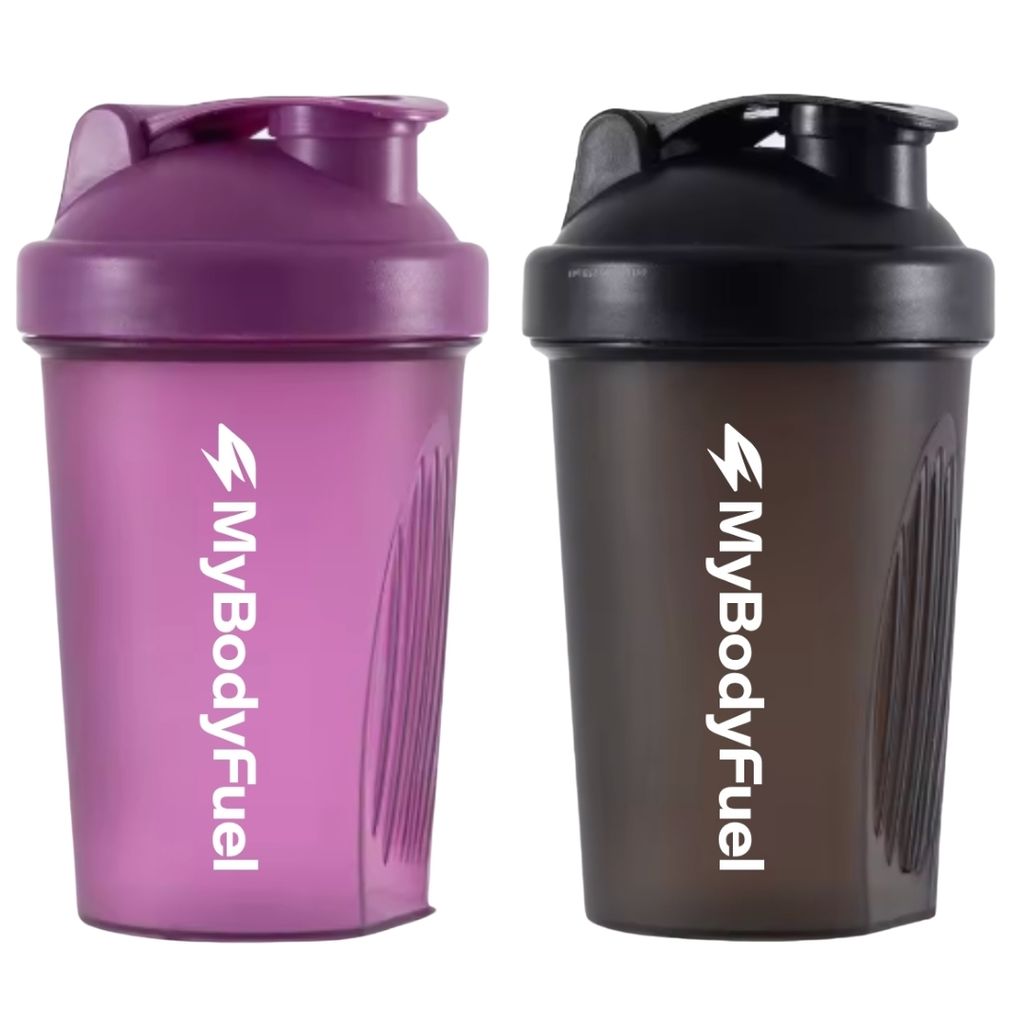MyBodyFuel Shake Becher (2er Set) – Protein Shaker mit Mixfilter, 400 ml, BPA-frei – Für Smoothies & Proteinshakes (Lila/Schwarz)
