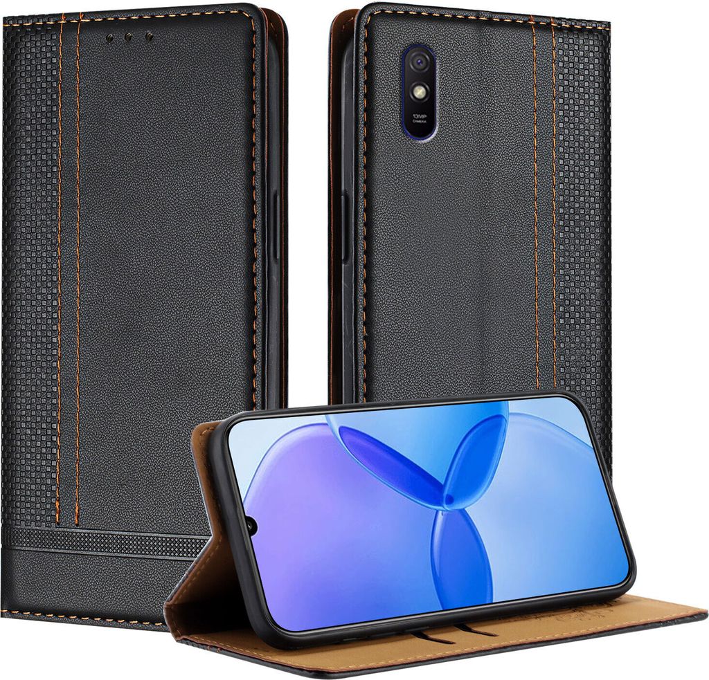 Handyhülle für Xiaomi Redmi 9A Leder Flip Klappbare Schutzhülle mit Standfunktion Schwarz