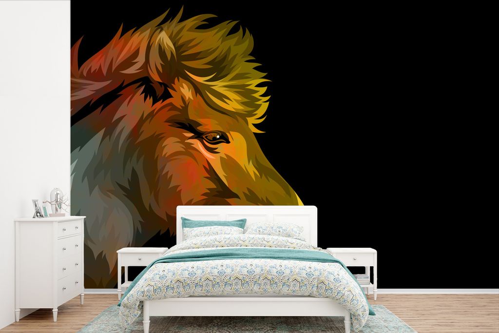 MuchoWow Fototapete für Wohnzimmer oder Schlafzimmer Wandtapete Vinyl Motivtapete Pferd - Gelb - Schwarz - Mädchen - Kinder - Mädchen - 420x28...