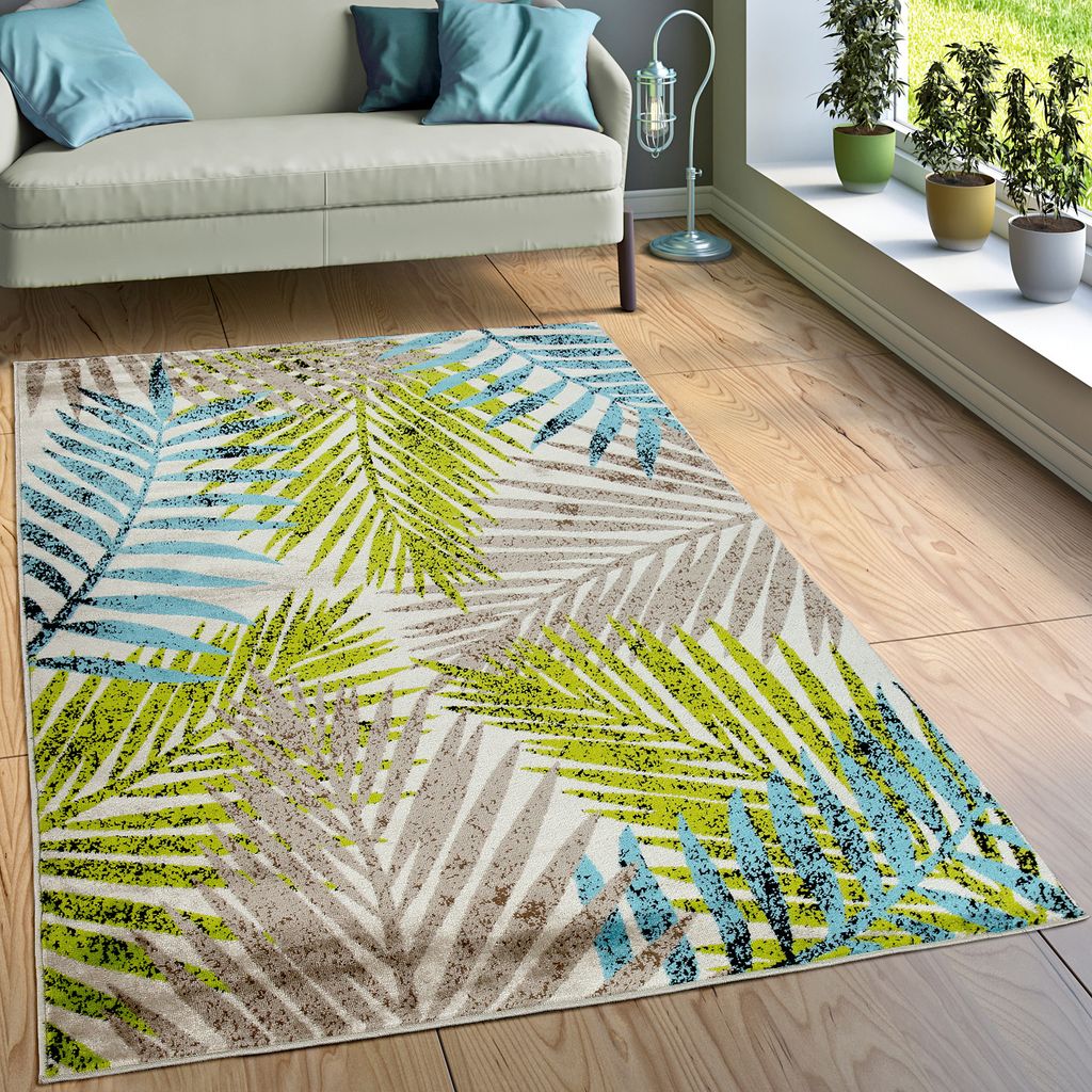Designer Teppich Wohnzimmer Urban Jungle Palmen Design Braun Beige Grün Blau Grösse 60x100 cm