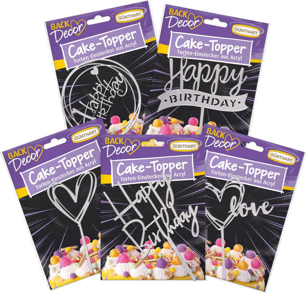 BackDecor 5er SET Cake Topper aus Acryl, SILBER, gemischt
