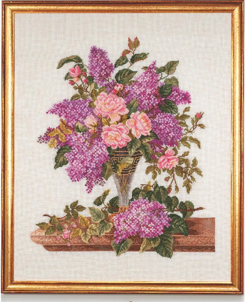 Kit broderie point de croix complet Lilas Roses 45x55cm guide détaillé