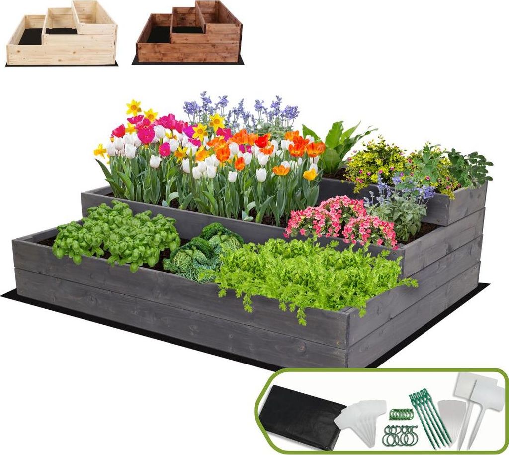 MODO24 Hochbeet Holz, Pflanzkasten, Massivholz, Kiefer, Kräuterbeet, Blumenkasten, Garten, Terrasse, 36x117x93 cm, Grau, ZP07