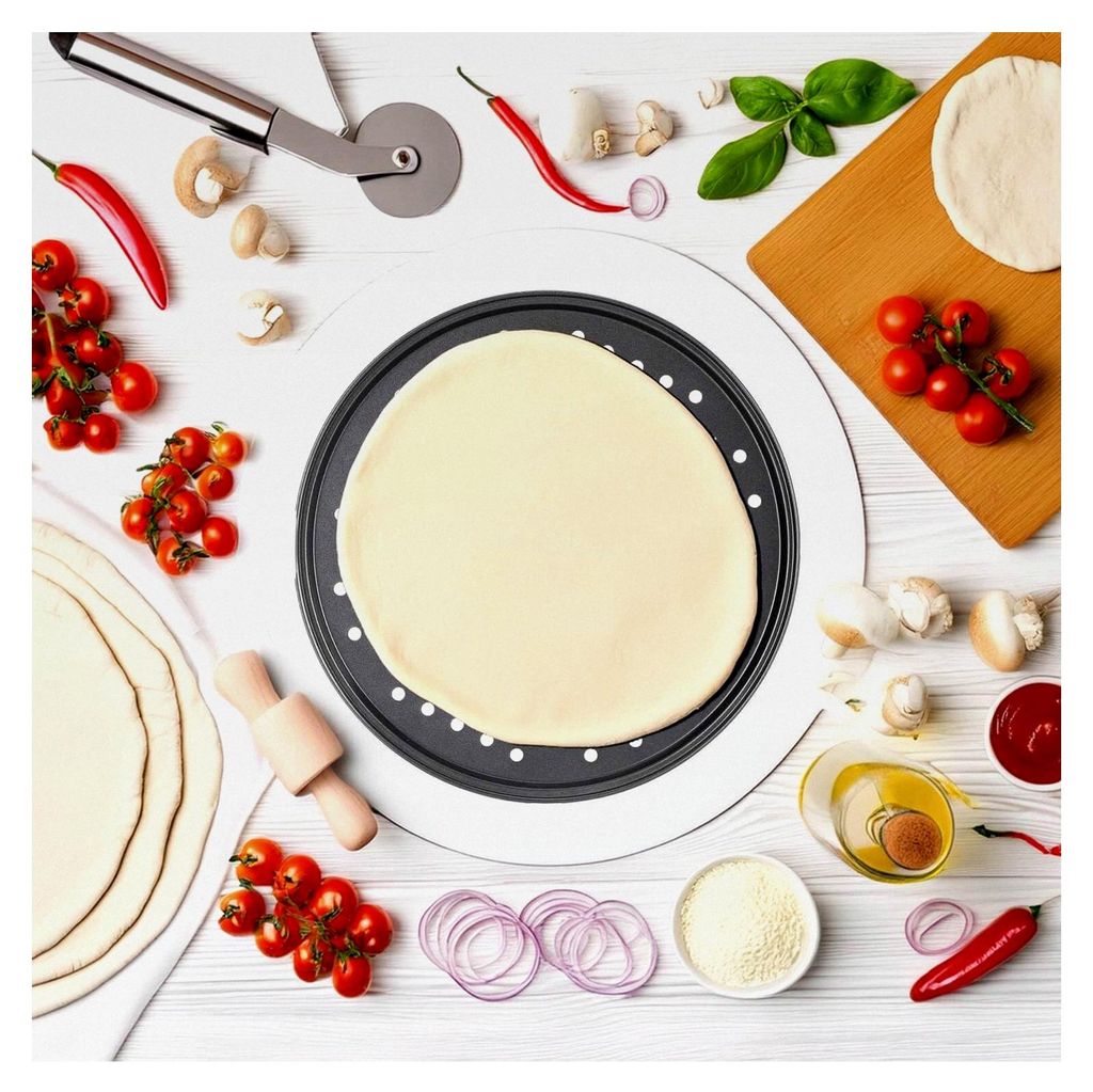 Pizzableche 4 Stück - Ø 32 cm rund | gelochtes Pizzabackblech | Backblech für Pizza, Flammkuchen, Lahmacun und Pommes | langlebig, leicht, stape...