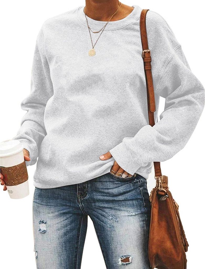 ASKSA Damen Pullover Rundhals Einfarbige Sweatshirt Herbst Winter Langarmshirt Casual Lose Oberteile, Weiss, XXL