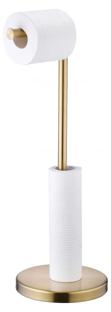 Goldener Toilettenpapierhalter mit Ersatzrolle, freistehender Toilettenpapierhalter mit Ablagefach und Edelstahlfuß, modernes, gebürstetes Goldfi...