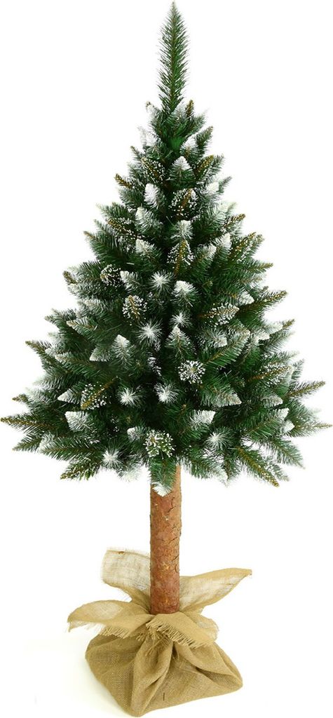 A decorated artificial Christmas tree with snow and pinecones on a white background.