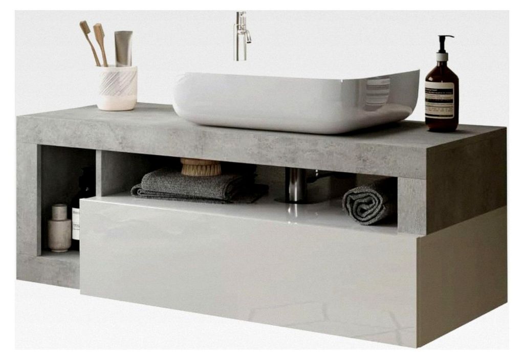 Waschtisch Hamburg, Modern, Badezimmer, 110x61x49 cm, Weiß Hochglanz/Betonoptik, Holzwerkstoff, Wandmontage, mit Keramik-Waschbecken