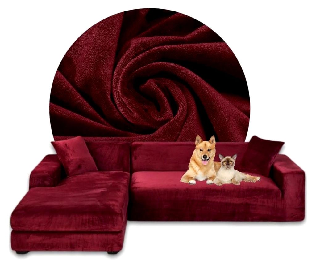 Ecksofa Bezug Bordeaux – Sofabezug L-Form – Eckcouch Überwurf – Lounge Abdeckung L-Form – Couchbezug Samt Stretch – Sofahusse für Schla...