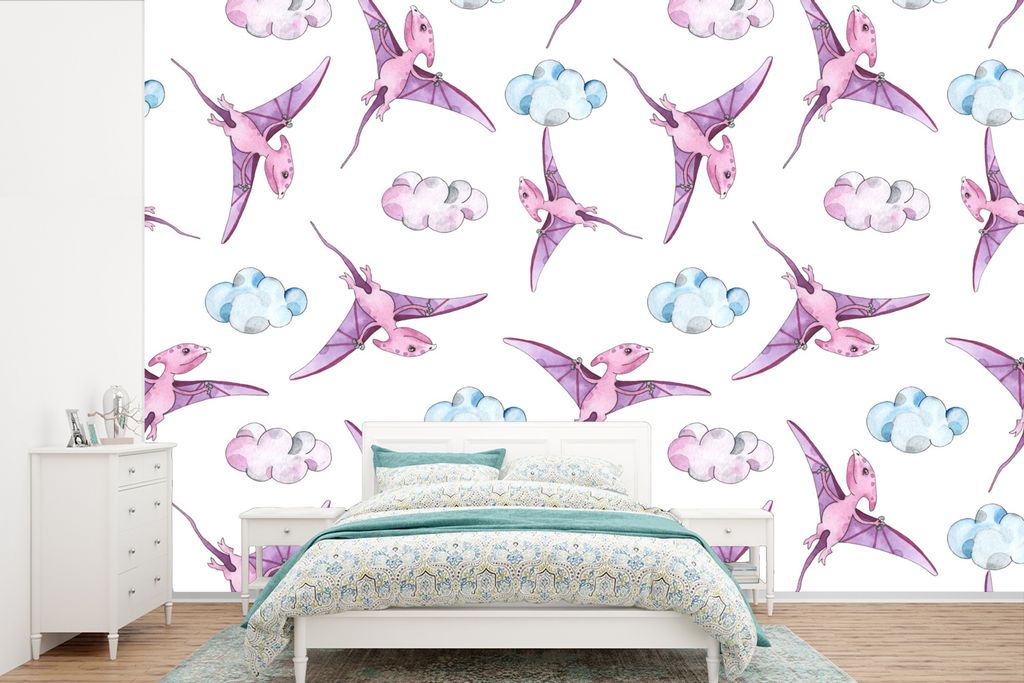 MuchoWow Fototapete für Wohnzimmer oder Schlafzimmer Wandtapete Vinyl Motivtapete Kinderzimmer - Wolken - Dinosaurier - Mädchen - Kinder - Rosa...
