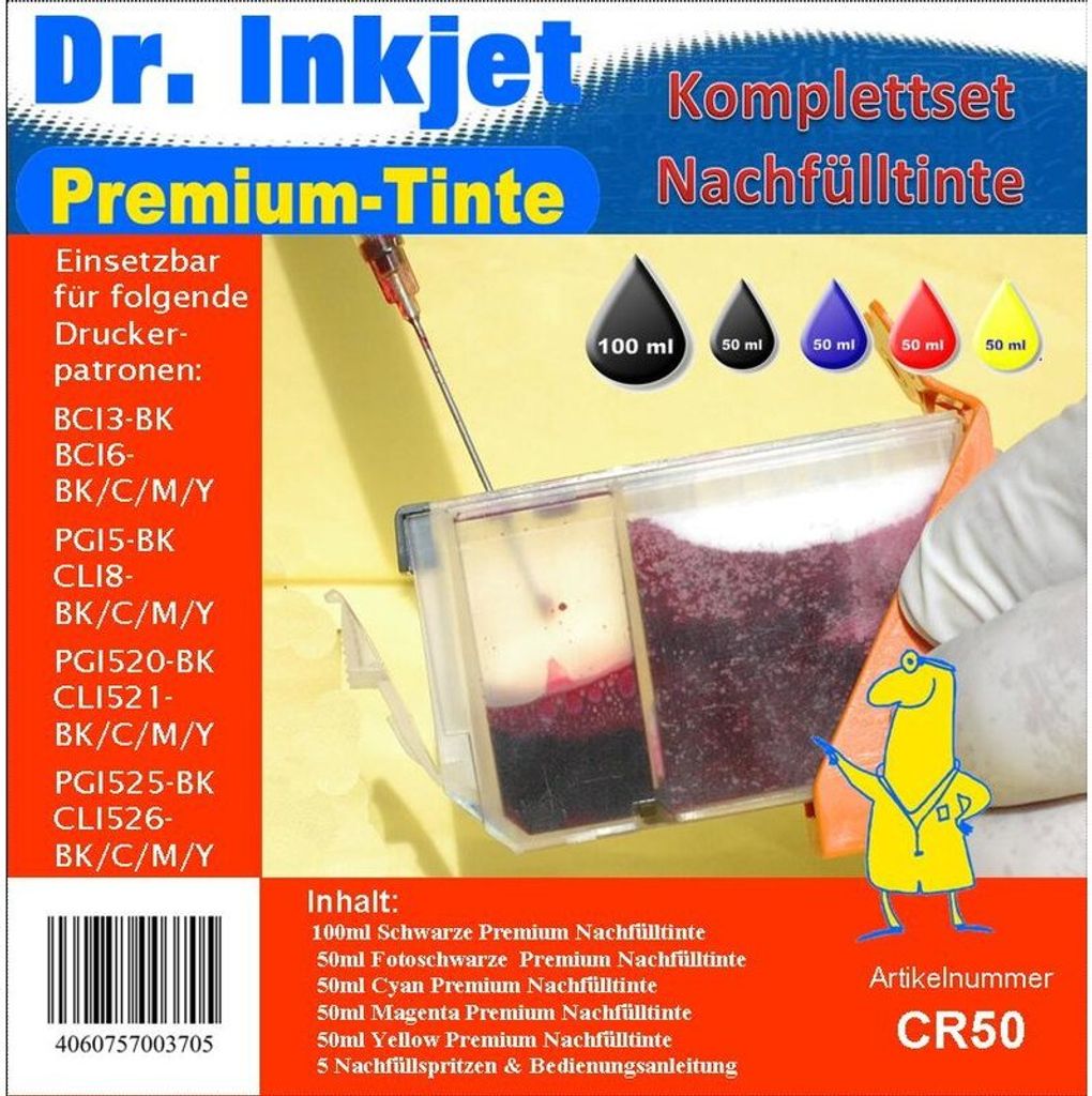 CR50 - 300ml Starterpack Dr. Inkjet Premium Nachfülltinte für Canondrucker mit 5 Farben - Alles drin Packung -