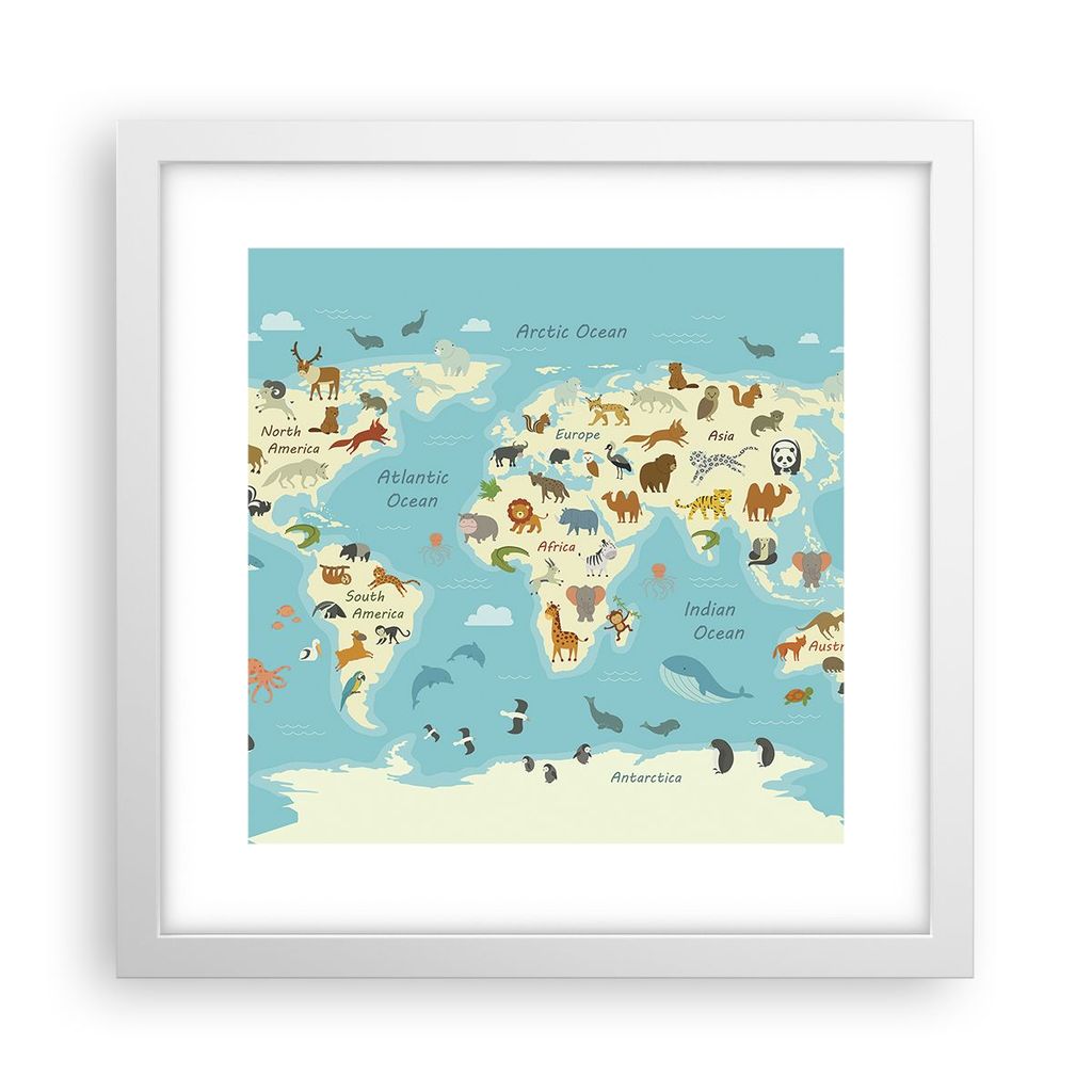 Gerahmtes Poster - Weißer Rahmen - Tiere die Welt Karte - 30x30 cm - Wand Bild - Wanddeko - Wandbilder - Kunstposter - Wandposter - Bilderrahmen -...