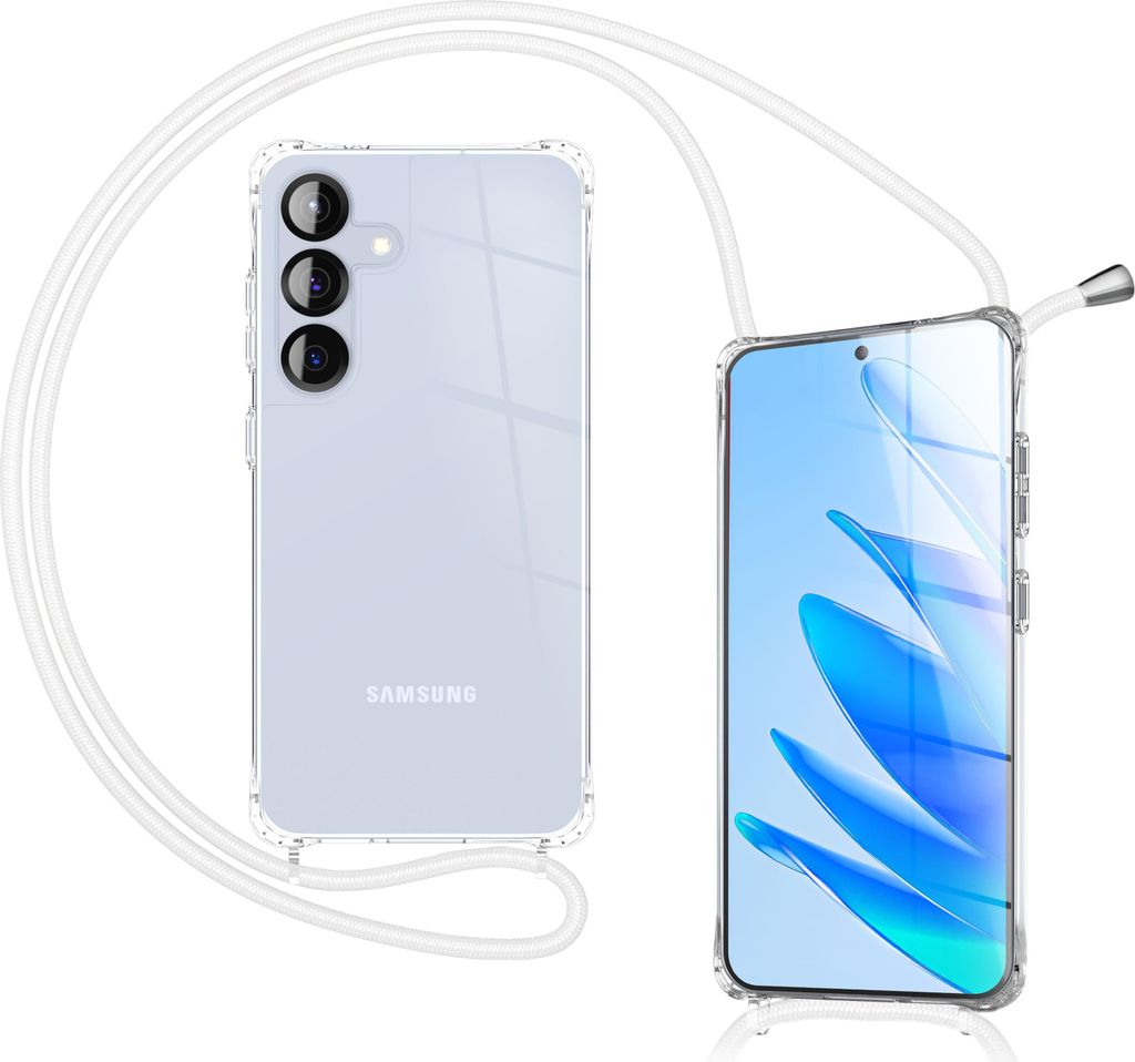 Hülle "Hangit" für Samsung Galaxy S25 FE - Klare Handyhülle mit Kette zum Umhängen MultiWear Band 160cm - Mondweiß