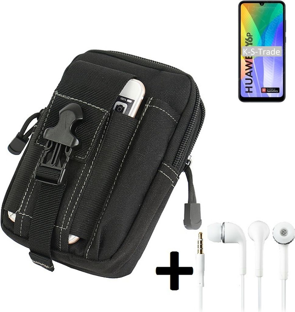 K-S-Trade Gürteltache + Kopfhörer kompatibel mit Huawei Y6p Gürtel Tasche Holster Schutz Hülle Handy Hülle schwarz inkl. Extrafächer