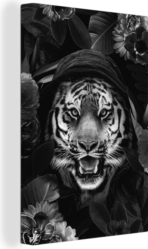 OneMillionCanvasses - Leinwandbilder - 90x140 cm, Tiger mit Kapuze und Blumen - schwarz und weiß, Wandbilder Kunstdruck Wanddekoration - Wandsch...