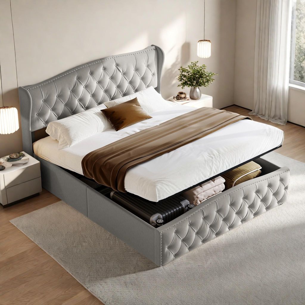UnboxG Polsterbett 160 x 200 cm mit Gasdruckheber & Stauraum – Doppelbett, Stoffbezug, Grau, modernes Bettgestell mit großem Bettkasten
