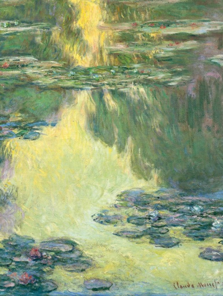 Claude Monet Bilder Leinwand-Bild Auf Keilrahmen | XXL-Wandbild Poster Kunstdruck Als Leinwandbild - Seerosen, 1907 (Grün-Gelb) (40 x 30 cm)