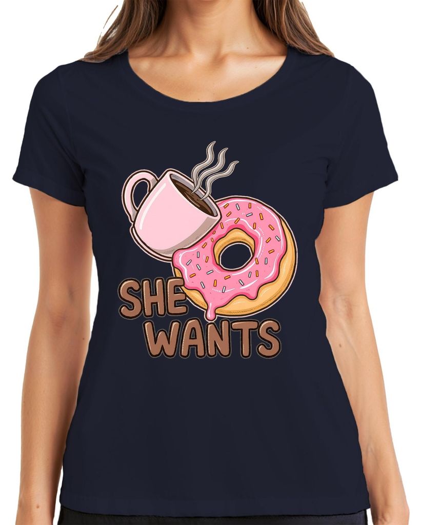 She Wants Donut Kaffee Geschenk Frau Geburtstag Frühstück lustig Damen T-Shirt, Navy, M