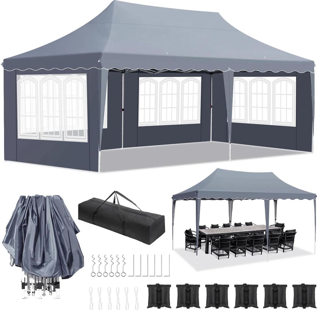 Pavillon - Faltpavillon Partyzelt - 3x6 m - Wasserdicht - Höhenverstellbar - UV50+ - 4 Seitenwände - Aluminiumrahmen - Dunkelgrau