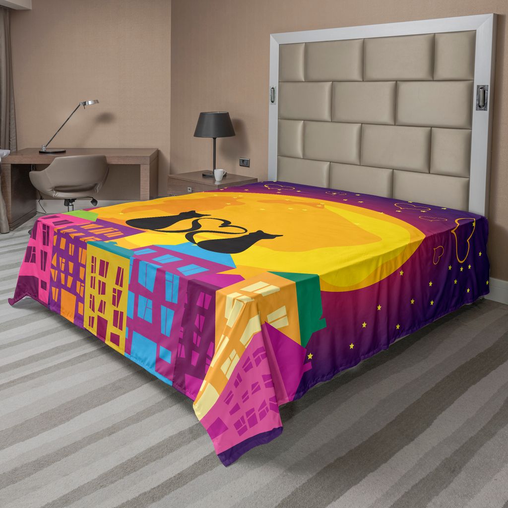 ABAKUHAUS Tier Bettlaken, Katzen Auf Dem Dach Mit Heart Shaped Tales Watching Das Mondlicht In Der Nacht Der Stadt, weiches bequemes oberes Bettlak...