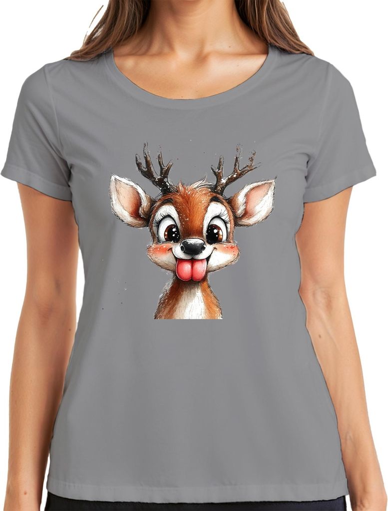 Rentier Frech Zunge raus Niedlich Weihnachten Kinder Retro Damen T-Shirt, Grau, XXL