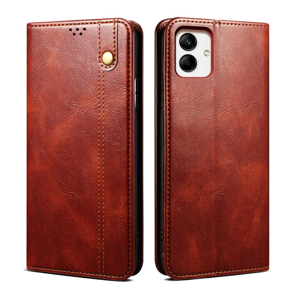 A brown leather phone case is shown from the front and back.