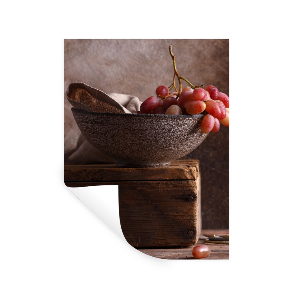 MuchoWow Wandtattoo Wandsticker Wandaufkleber Rustikal - Weintrauben - Schale - Stilleben - Obst 90x120 cm Selbstklebend und Repositionierbar - F...