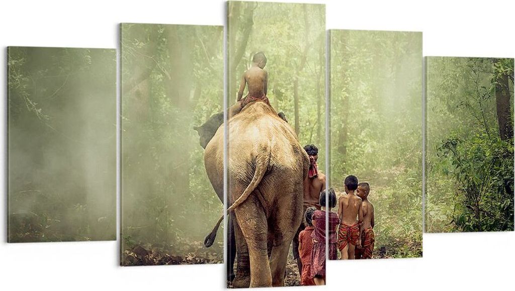 Bild auf Leinwand - Leinwandbild - Elefant Dschungel Nebel - 160x85cm - Wand Bild - Wanddeko - Leinwanddruck - Bilder - Kunstdruck - Wanddekoration...