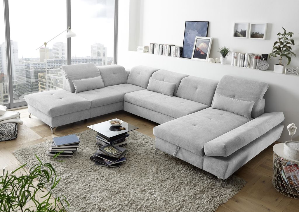 Wohnlandschaft >MELFI< Schlaffunktion, Stauraum, Bezug silver - 350x73x245 (BxHxT)