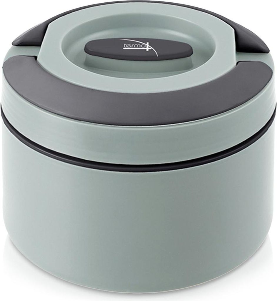 A studio shot of a gray and dark gray insulated food container.