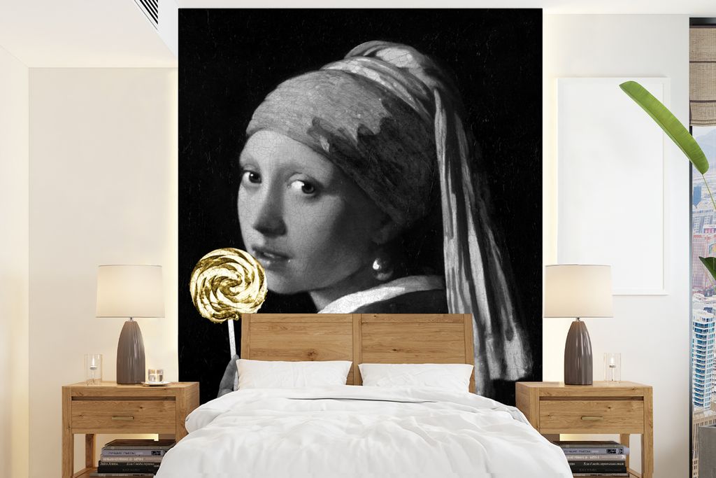 MuchoWow Fototapete für Wohnzimmer oder Schlafzimmer Wandtapete Vinyl Motivtapete Mädchen mit Perlenohrring - Vermeer - Lollipop - Gold - 195x2...