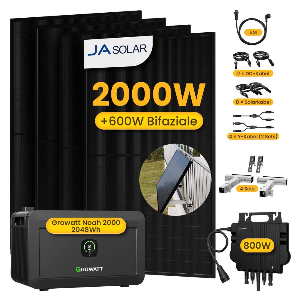 Powerness Balkonkraftwerk mit Speicher, 4x JA Solar 500W Module & Growatt 800W Mikro-Wechselrichter & Growatt NOAH 2000 & 4x Balkon-Halterung(Silber)
