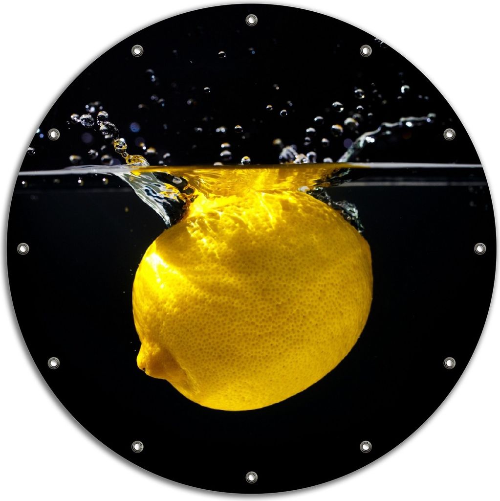 Wallario rundes Outdoor-Poster für Garten oder Balkon, Motiv Zitrone im Wasser - Frisches Obst für die Küche, 90 cm Durchmesser