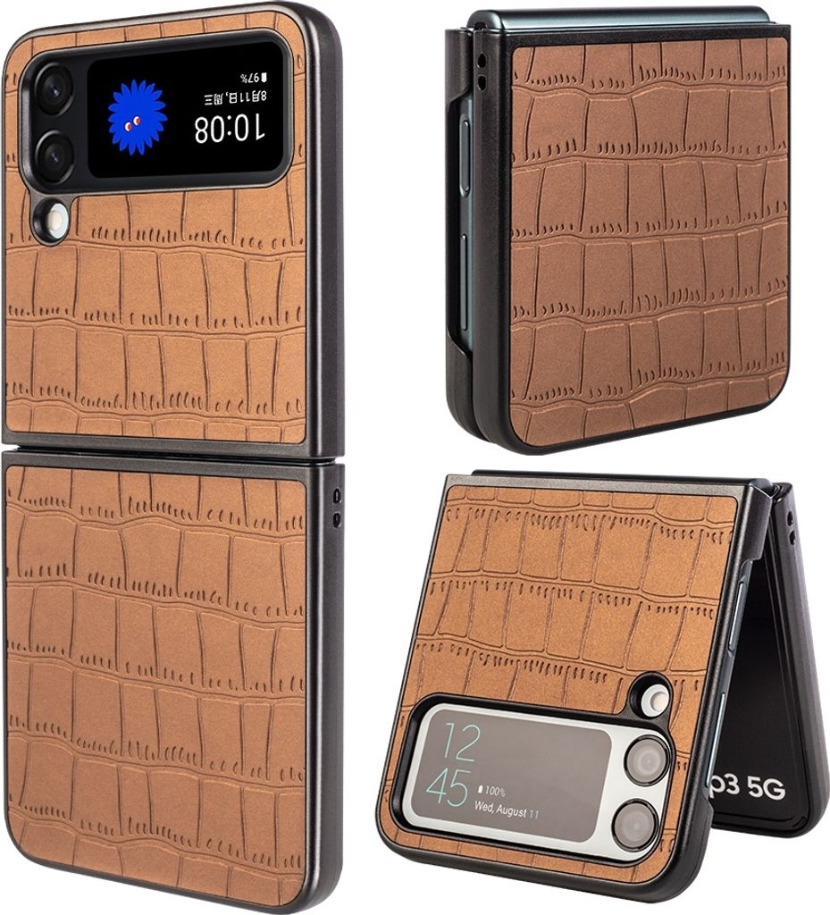 Samsung Galaxy Z Flip4 Design Crocodile Texture Braun Hülle Schutz Hart Cover