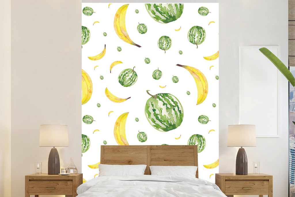 MuchoWow Fototapete für Wohnzimmer oder Schlafzimmer Wandtapete Vinyl Motivtapete Bananen - Melonen - Schablonen - 160x240 cm - Vinyltapete