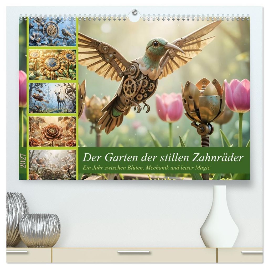 Der Garten der stillen Zahnräder - Ein Jahr zwischen Blüten, Mechanik und leiser Magie (hochwertiger Premium Wandkalender 2027 DIN A2 quer), Kuns...