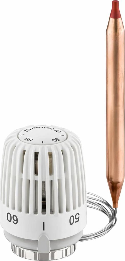 A white thermostat head with a copper sensor probe.