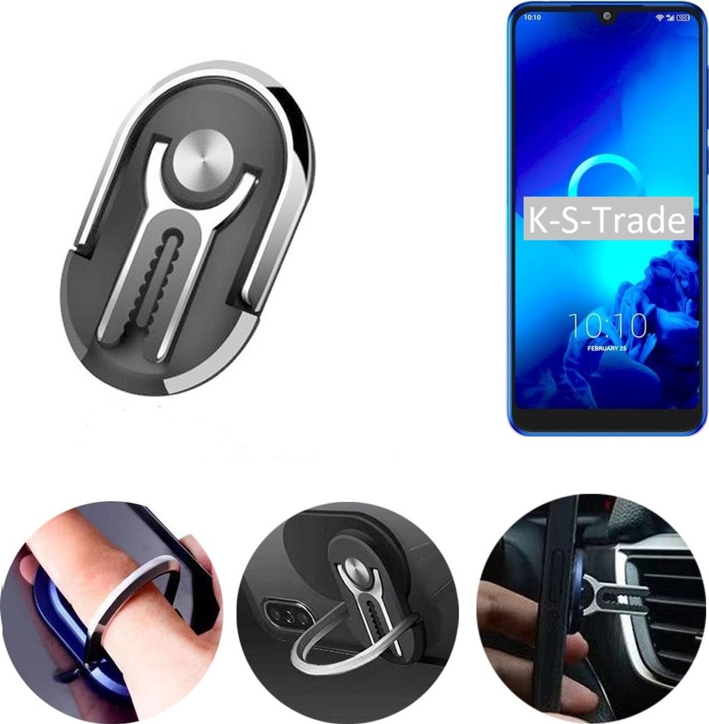 K-S-Trade 3in1 Smartphone-Ring Handy-Ring kompatibel mit Alcatel 3 (2019) Fingerhalterung Handyring Tischständer Lüftungsgitter-Halterung Tisch