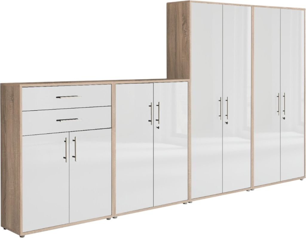 Aktenschrank TABOR 56 in Eiche Sonoma / weiß Hochglanz, Schrankwand, Büroschrank, abschließbar, Metallgriffe