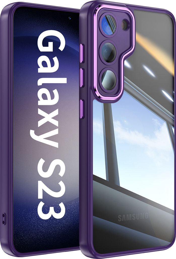 Handyhülle für Samsung Galaxy S23 Hybrid Transparent TPU PC Militärschutz mit Kameraabdeckung Lila