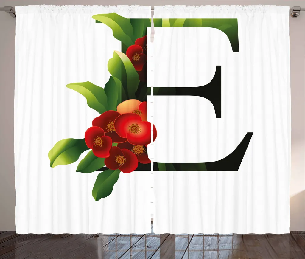 ABAKUHAUS Lettera E Tenda rustica, alfabeto fiori rossi, camera da letto Tenda con passanti e ganci, 280 x 225 cm, rosso cinabro nero verde