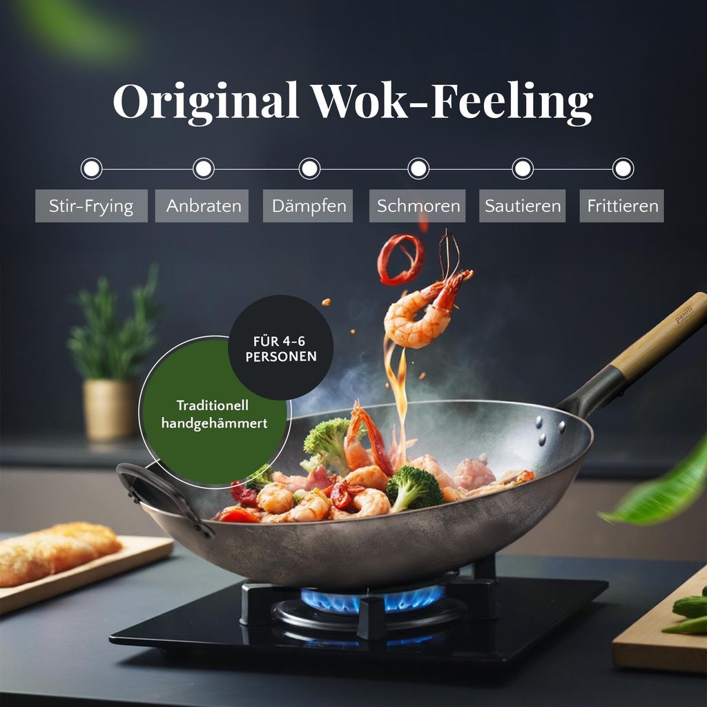 Onze platte, originele Pasoli wok, 36 cm, van koolstofstaal Productafbeelding 