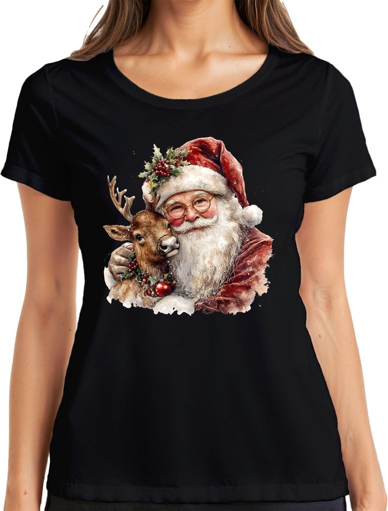 Weihnachtsmann mit Rentier Aquarell Vintage Geschenk Weihnachten Damen T-Shirt, Schwarz, M
