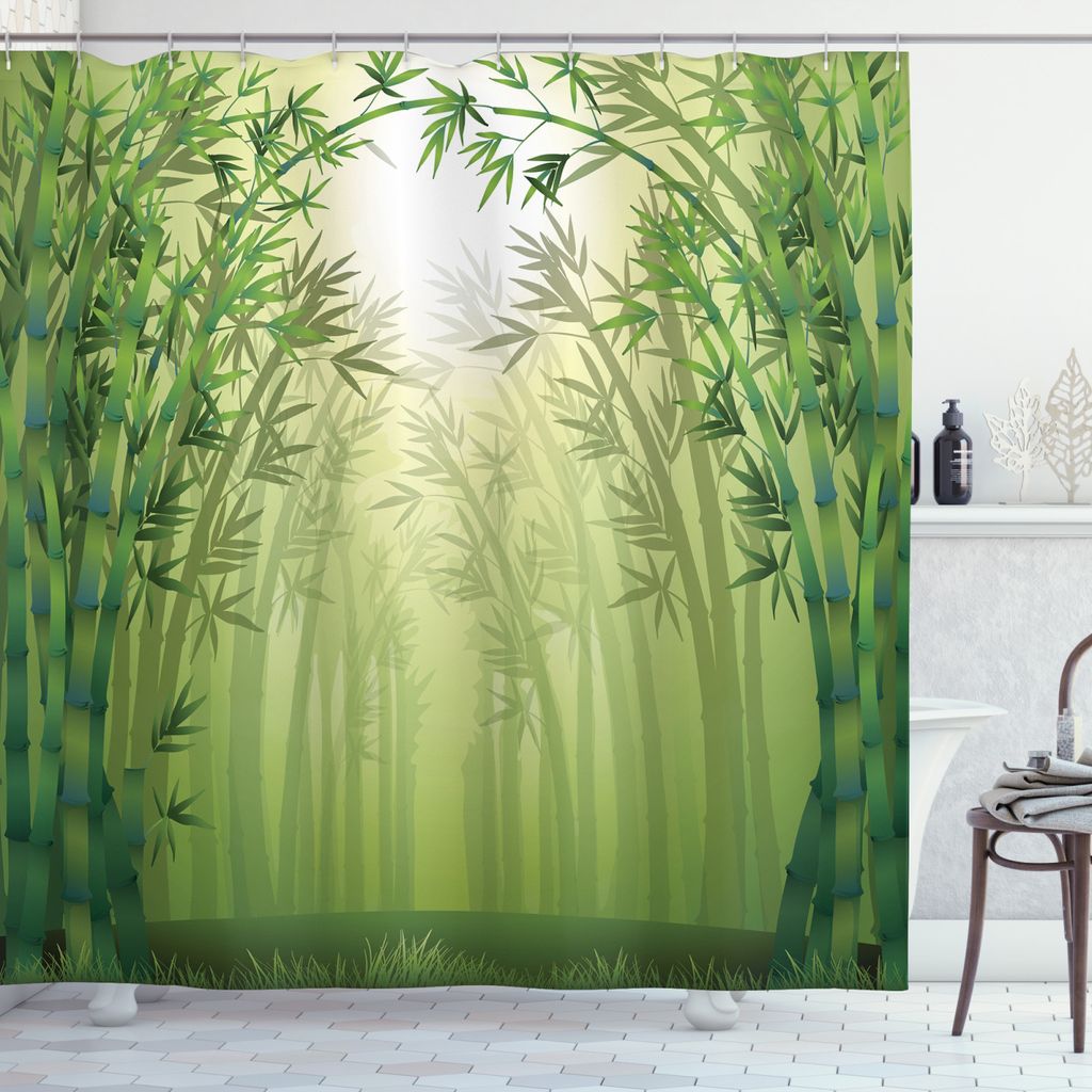 ABAKUHAUS Grün Duschvorhang, Bambus-Bäume im Wald, Wasser Blickdicht inkl.12 Ringe Langhaltig Bakterie und Schimmel Resistent, 175 x 240 cm, Grün